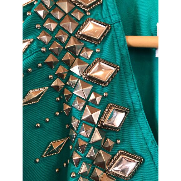 VINTAGE 80'S SILVER EMBELLISHED BUTTON-UP GREEN SHIRT - Picture 3 of 8